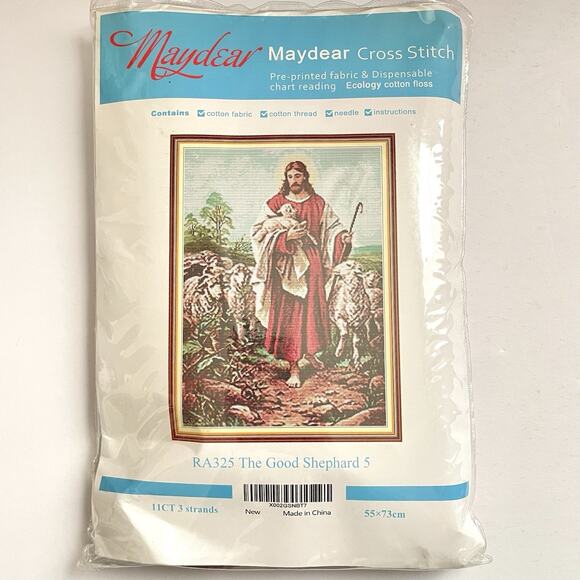 The Good Shepherd Stamped Cross Stitch Kit Jesus Sheep Maydear 22.5" x 29" - Picture 2 of 5